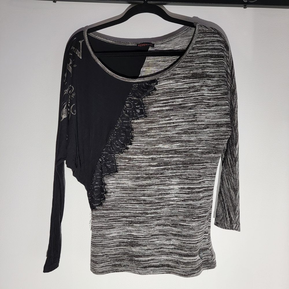 RUFEN Black and Gray Lace Trim Dolman Sleeve Y2k Woman Top Size Small